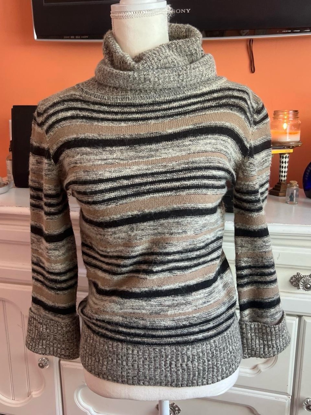 Striped Cowl Neck Sweater in Gray, Tan and Black
